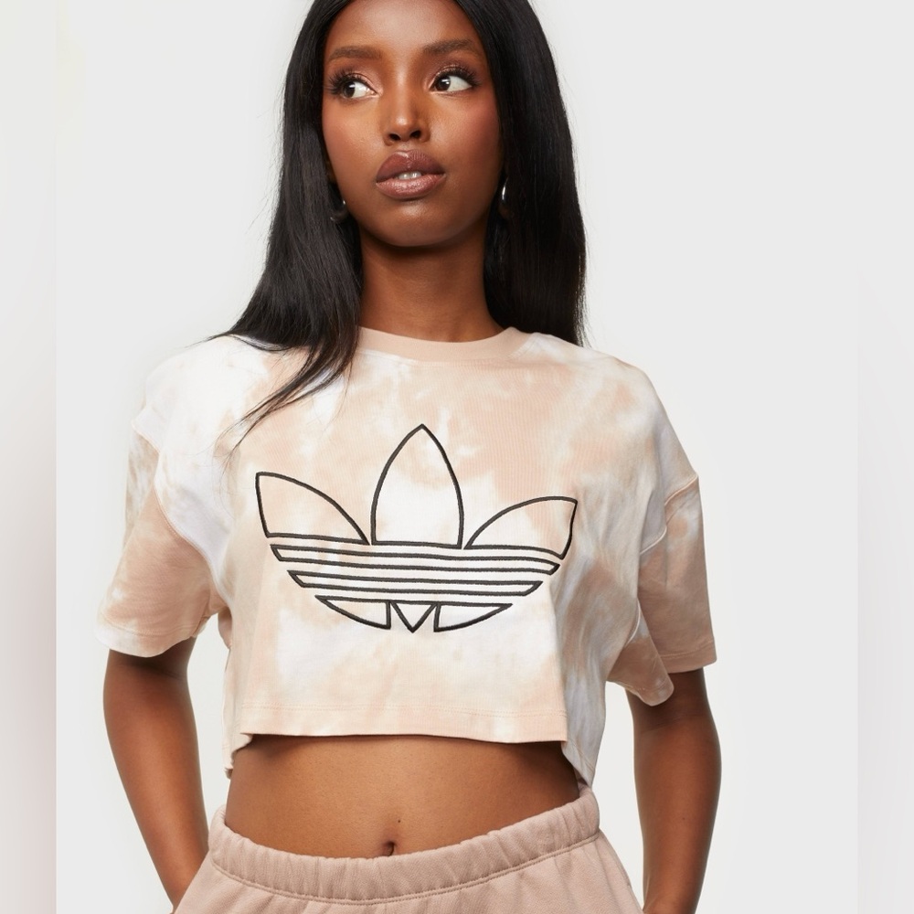 Adidas Essentials Cream and White Tie-Dye Short Sleeve Crop Top
